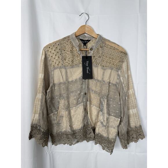 Young Threads Women's Boho Patchwork Lace Jacket Shirt Button Size L Shabby Chic - Picture 1 of 9